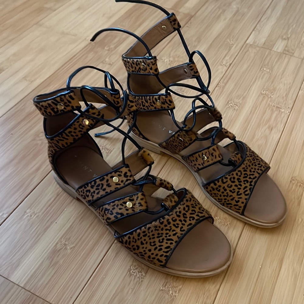Mint Velvet calf hair leopard print lace up gladiator style sandals 38 US 7.5